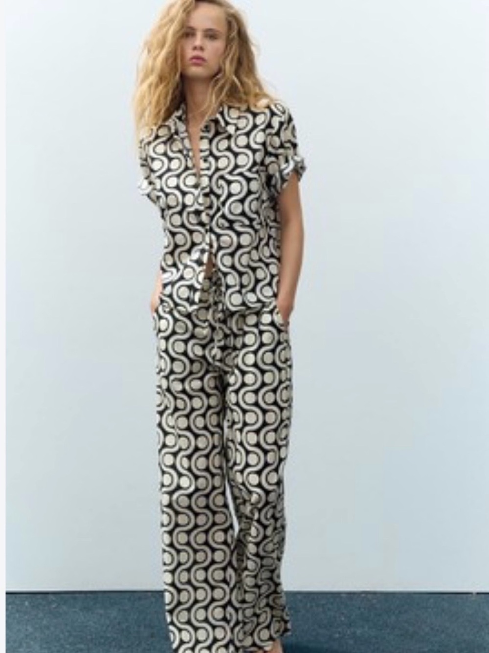 ZARA Black White Geometric Print Shirt & Wide Leg Pants 2-Piece Set